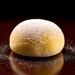 A round, pale yellow mochi is dusted with powdered sugar on dark surface.
