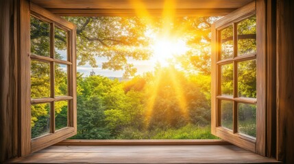 Serene Window View with Soft Natural Light Symbolizing Calmness and Clarity in a Peaceful Home Environment Surrounded by Lush Greenery and Warm Sunlight