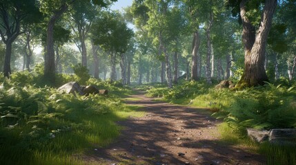 Tranquil Forest Path Surrounded by Lush Greenery, Offering a Sense of Peace and Clarity, Captured in a Wide Angle with Natural Light Enhancing the Scene