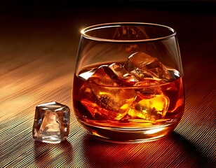 Amber brandy with ice cubes reflects a warm light on a wooden surface.