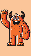 A horned monster mascot with his fist raised upwards 