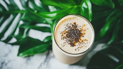 Creamy smoothie in glass with chia seeds, surrounded by tropical leaves.