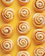 Fototapeta premium Overhead View of Twelve Cinnamon Rolls on Yellow Background