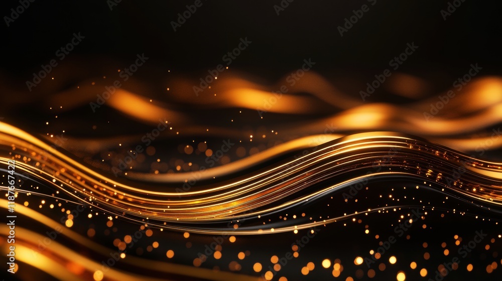 Poster a shimmering wave of golden light against a dark background, creating an elegant and dynamic visual 