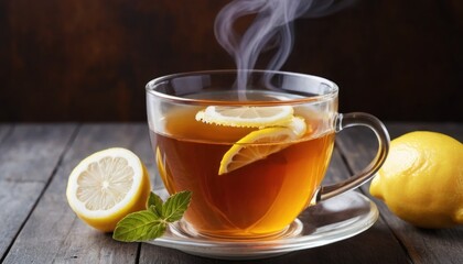 Steaming mug of herbal tea with a lemon slice and soft steam
