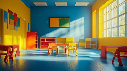 Colorful and organized daycare classroom interior with learning materials