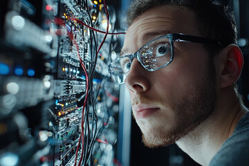 focused data scientist examines complex circuitry, surrounded by technology and illuminated wires, showcasing intricate world of data analysis and innovation