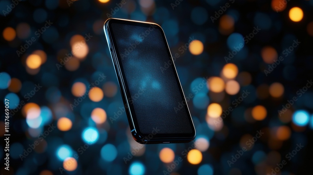 Poster a sleek smartphone is floating against a blurred background of blue and orange bokeh lights, creatin