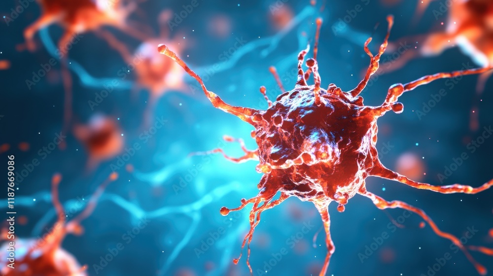 Poster a vibrant depiction of a microscopic view of cells, showcasing intricate structures and connections 
