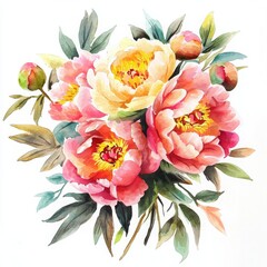 Vibrant Watercolor Peony Bouquet with Warm Tones