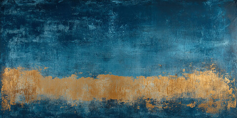 Naklejka premium The image is a textured, abstract painting dominated by shades of blue with streaks of gold, creating a striking contrast