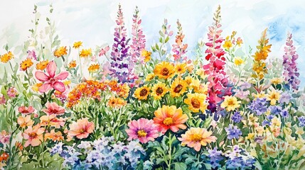 Vibrant Watercolor Garden with Colorful Flowers