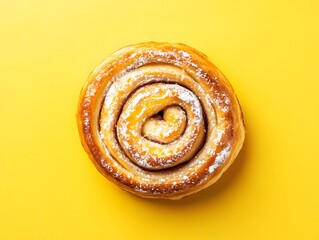 Fototapeta premium Powdered Sugar Cinnamon Roll on Yellow Background