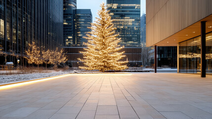 beautifully lit Christmas tree in city square at dusk