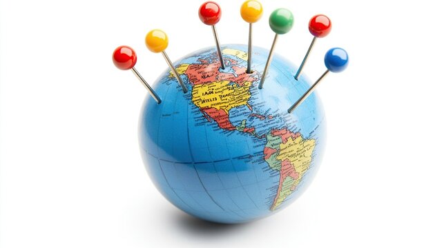 Colorful pins in a world map globe.
