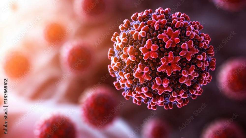 Poster a close-up view of a virus, showcasing its spherical shape and surface structures, representing the 