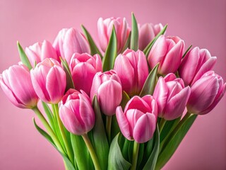 Fototapeta premium Pink Tulips Bouquet Spring Fashion Photography, Pink Background, Floral Still Life