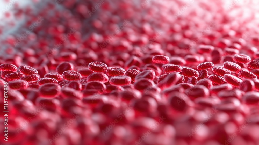 Poster a close-up view of numerous red blood cells, showcasing their vibrant color and unique shapes in a f