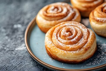 Powdered Sugar Cinnamon Rolls on Teal Plate