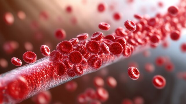 A detailed illustration of red blood cells flowing through a blood vessel, showcasing their structure and movement in a dynamic, scientific context.