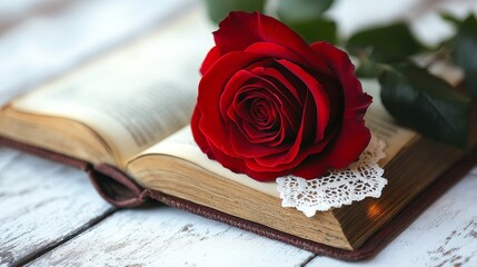 Elegant red rose resting on an open book with lace bookmark
