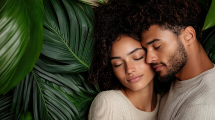 Fototapeta premium couple sharing moment of tenderness surrounded by lush greenery