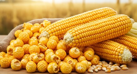 popcorn kernels with golden corn ears nearby, farm-to-snack, rural cuisine.