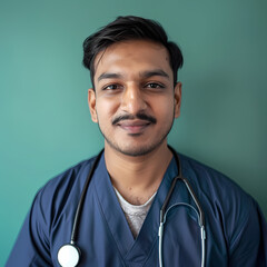 Indian male doctor, dressed in a white coat, smiling confidently in professional medical setting.Perfect for healthcare websites, medical blogs, social media posts highlighting young medical practice