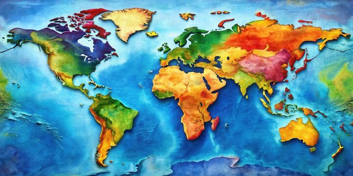 A vibrant colored map of the world with diverse geographical features and oceanic boundaries displayed in a beautiful artistic style , world map, illustration