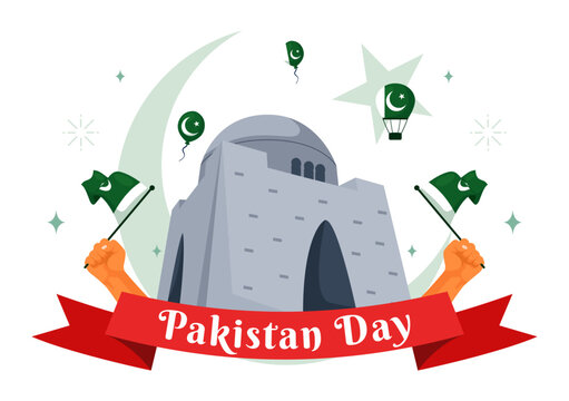 Happy Pakistan Resolution Day Vector Illustration on 23 March, Featuring a Waving Flag and Iconic Landmarks in a National Holiday Flat Background
