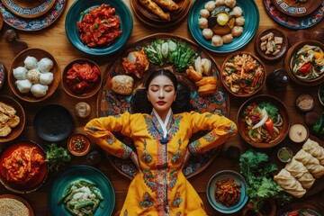 Vibrant table spread of traditional Korean dishes with a woman in a colorful hanbok surrounded by culinary delights. Generative AI