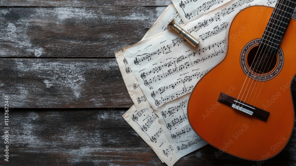 Poster Guitar resting on scattered sheet music along with a tuning fork on a rustic wooden table. Generative AI