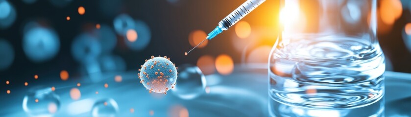 Vaccine syringe injecting liquid into a clear glass of water on a white background