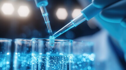 A scientist uses a pipette to transfer liquid into a test tube, creating a visually stunning blue glow, indicative of scientific experimentation.