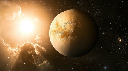 Golden Planet Illuminated by a Distant Sun in Space