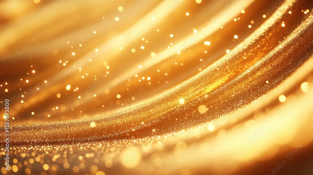 Poster a shimmering golden abstract background with flowing patterns and sparkling particles, evoking a sen