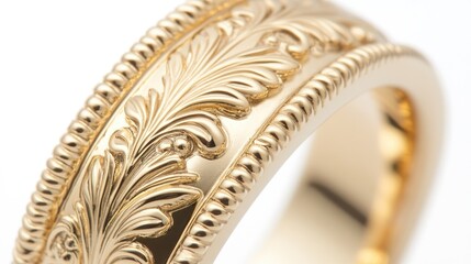 Close-up of a gold men's wedding band with an ornate, acanthus leaf design and rope border.  The ring is polished to a high shine.