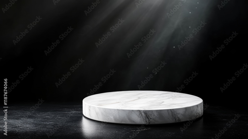 Poster a circular marble platform is illuminated by dramatic light, set against a dark background, creating