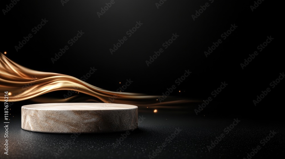 Poster a minimalist scene featuring a circular stone platform illuminated by flowing golden waves against a