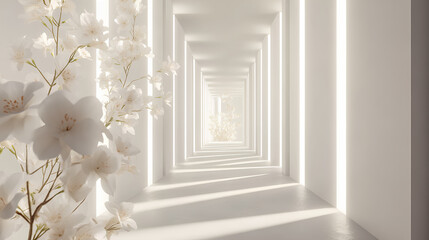 White minimalist hallway, infinite arches, bright light, white orchids, modern architecture