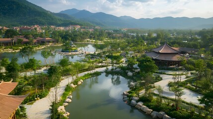 Fototapeta premium Serene Asian Garden Landscape With Ponds And Mountains