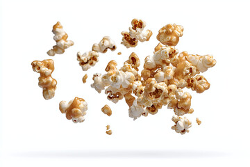 Dynamic shot of caramel popcorn flying mid air, showcasing its texture and color. playful movement captures essence of fun snack experience