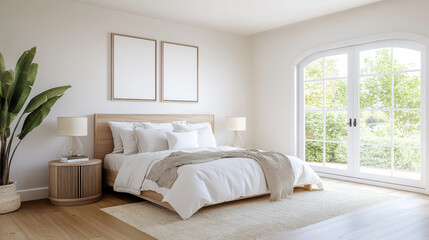 Naklejka premium Minimalist bedroom with single bed, bedside table, and natural light