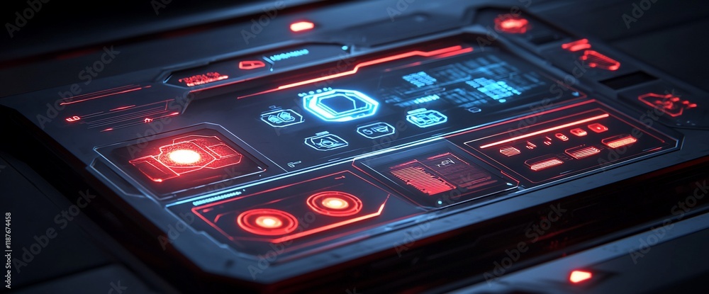 Poster futuristic tech control panel with glowing interface.