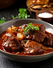 Tender braised meat simmers in a rich sauce, garnished with fresh herbs.
