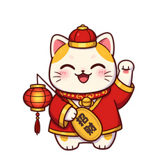 Happy chinese new year theme illustration background wallpaper lantern maneki-neko lucky fortune propserity cat 招财猫	