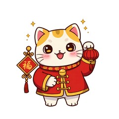 Happy chinese new year theme illustration background wallpaper lantern maneki-neko lucky fortune propserity cat 招财猫	