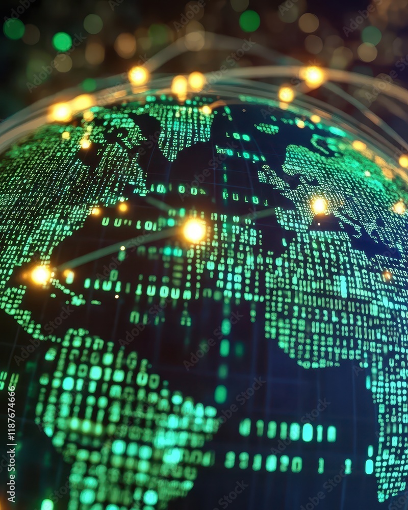 Poster global network digital world map illuminated by data streams