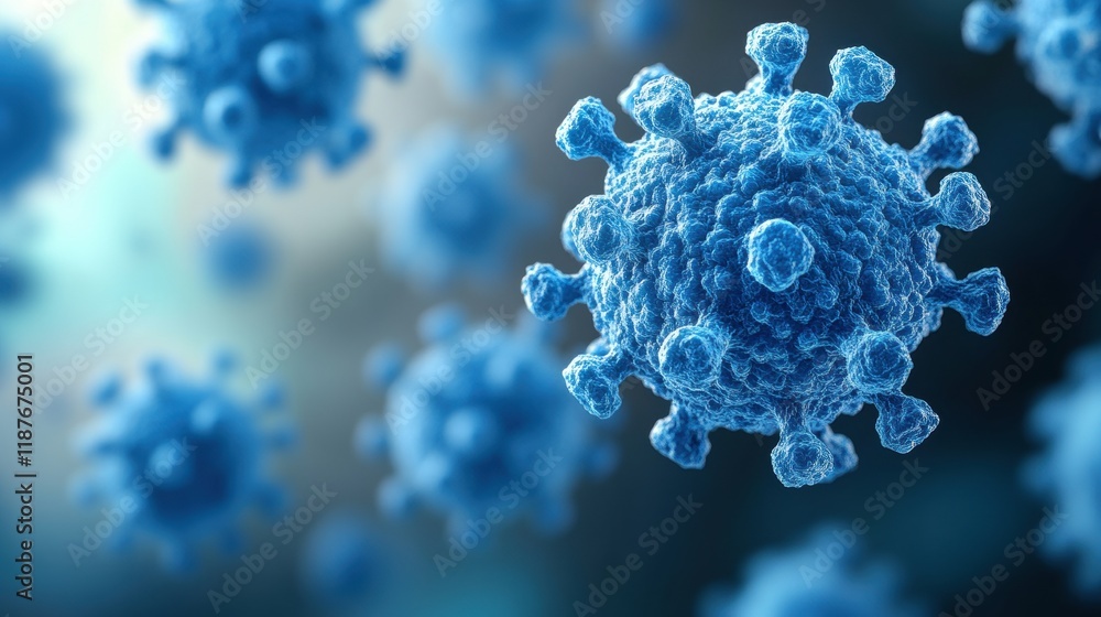Poster a close-up view of virus particles, showcasing their intricate structure and blue color against a so
