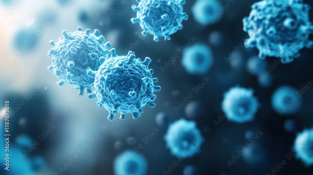 Poster group of blue spherical viruses under a microscope with detailed structure and texture visible